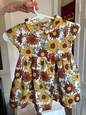 Sunflower Print Girls' Dress - Yellow & Brown Floral